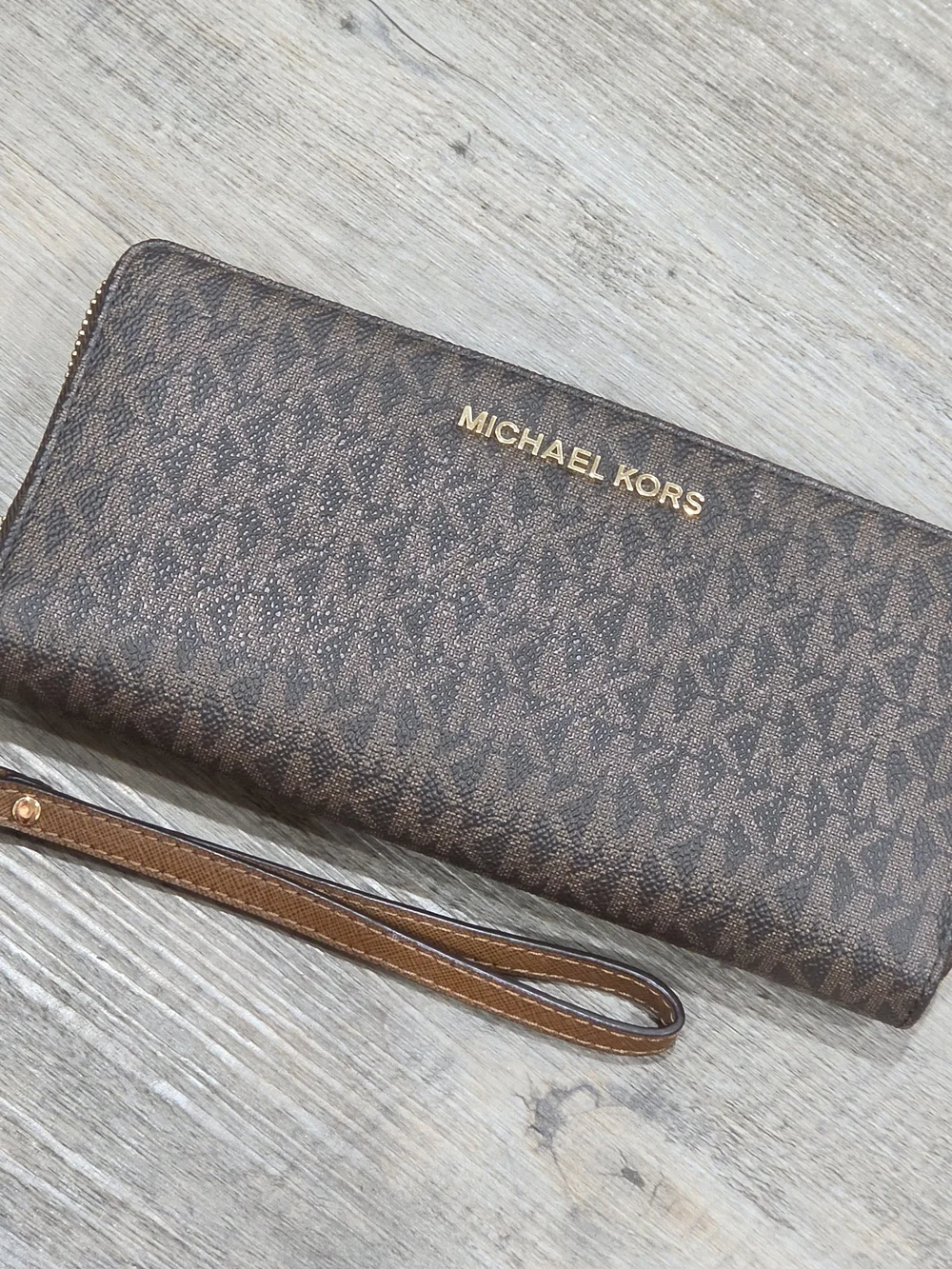 Michael Kors Brown Leather Zip Wallet with Gold Hardware Wristlet